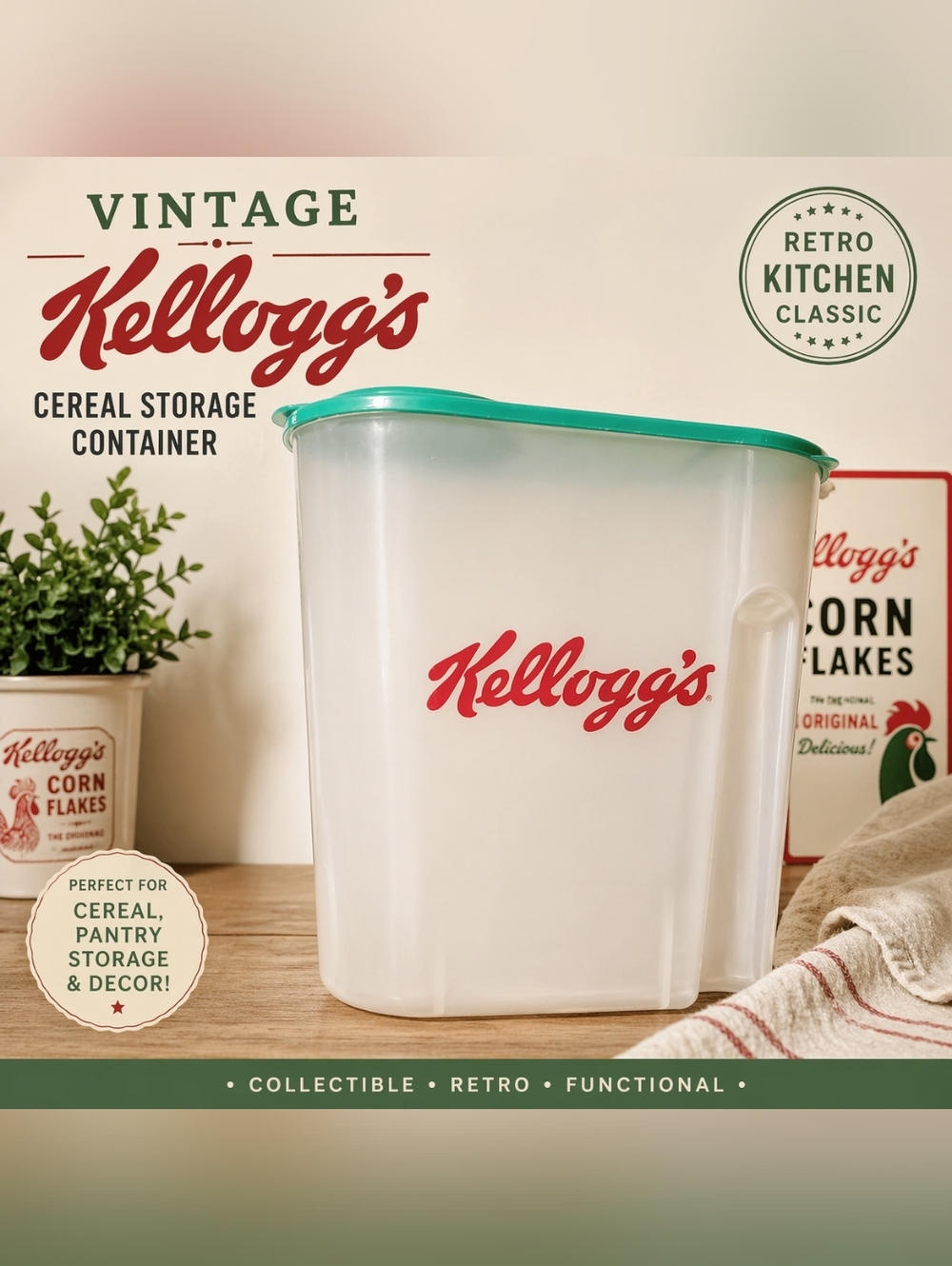 Kellogg’s‎ Vintage Cereal Storage Container Retro Kitchen Plastic Dispenser